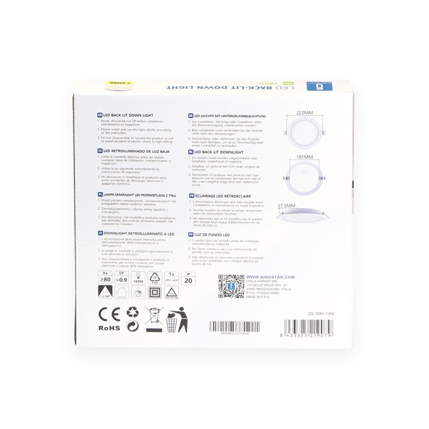 Aigostar - Faretto da incasso LED/18W/230V 3000K Ø 22,2 cm bianco