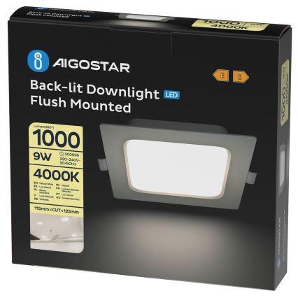 Aigostar - Faretto LED da incasso 9W, 230V, 4000K, 14,5 x 14,5 cm, bianco