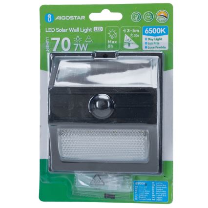 Aigostar - Faro solare LED con sensore LED/3,7V 6500K 500 mAh IP65 nero