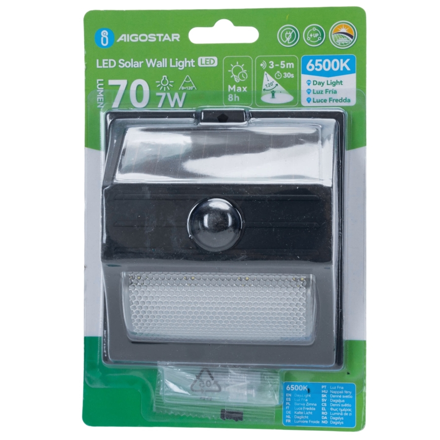 Aigostar - Faro solare LED con sensore LED/3,7V 6500K 500 mAh IP65 nero