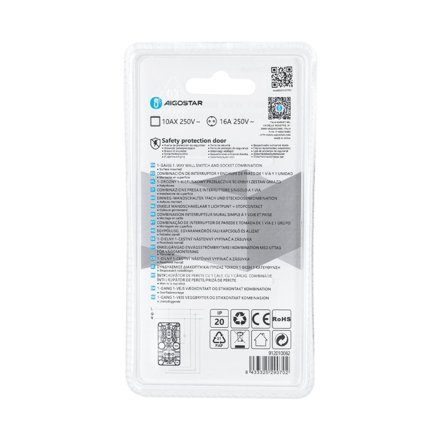 Aigostar - Interruttore domestico 1P con presa 1x10A/250V SCHUKO