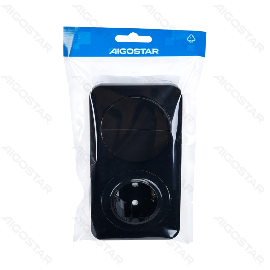 Aigostar - Interruttore doppio n. 5 e presa SCHUKO 230V con cornice nera