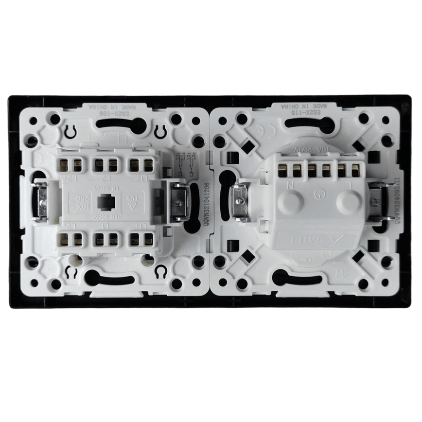 Aigostar - Interruttore doppio n. 6 e presa SCHUKO 230V con placca nera