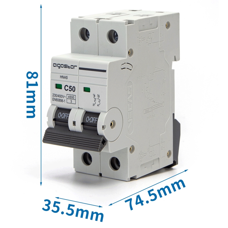 Aigostar - Interruttore magnetotermico bipolare a 2 fasi 2P-50A-C 230-400V
