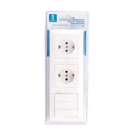 Aigostar - Interruttore triplo n. 3 e 2 prese Schuko 230 V con cornice, bianco