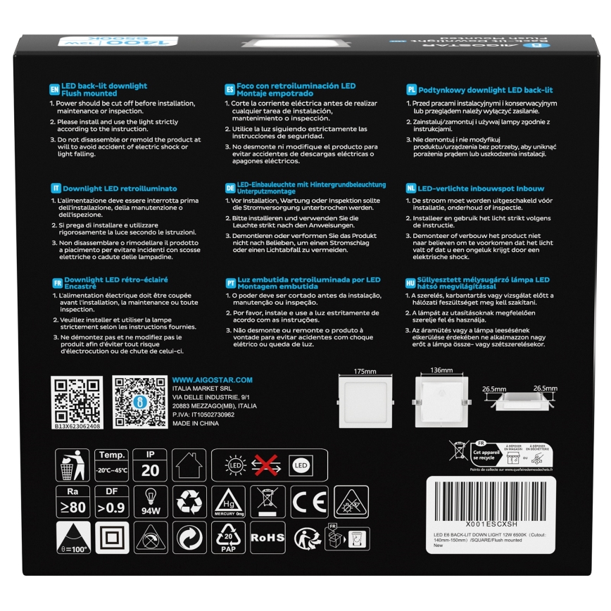 Aigostar - Lampada da incasso LED/12W/230V 6500K 17,5x17,5 cm bianca