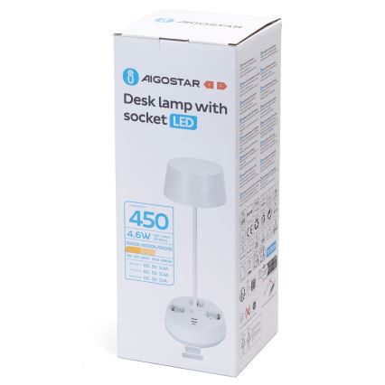 Aigostar - Lampada da scrivania LED dimmerabile con prese e USB LED/4,6 W/230 V 3000/4000/6500 K Bianco