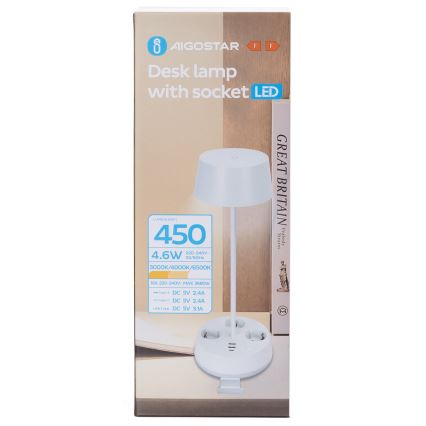 Aigostar - Lampada da scrivania LED dimmerabile con prese e USB LED/4,6 W/230 V 3000/4000/6500 K Bianco