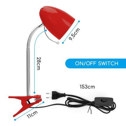 Aigostar - Lampada da tavolo con morsetto 1xE27/11W/230V rosso/cromo