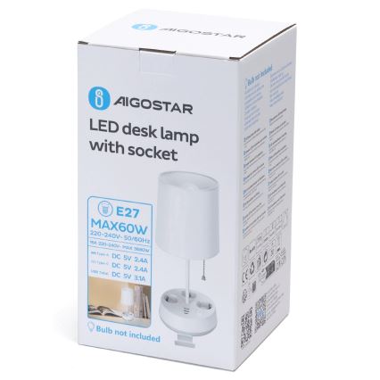 Aigostar - Lampada da tavolo con prese e porte USB 1xE27/60W/230V bianca