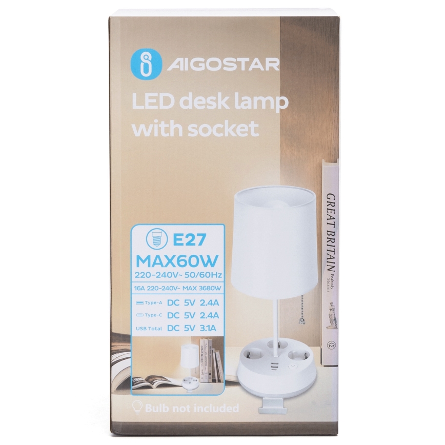 Aigostar - Lampada da tavolo con prese e porte USB 1xE27/60W/230V bianca