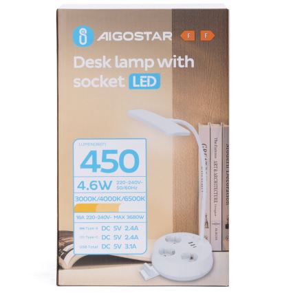 Aigostar - Lampada da tavolo dimmerabile a LED con prese e USB LED/4,6W/230V 3000/4000/6500K bianca