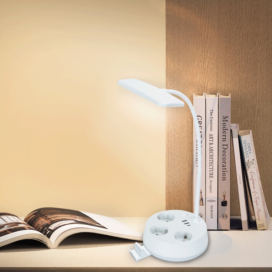 Aigostar - Lampada da tavolo LED bianca dimmerabile con prese e USB LED/4,6 W/230 V 3000/4000/6500 K