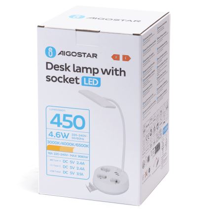 Aigostar - Lampada da tavolo LED bianca dimmerabile con prese e USB LED/4,6 W/230 V 3000/4000/6500 K