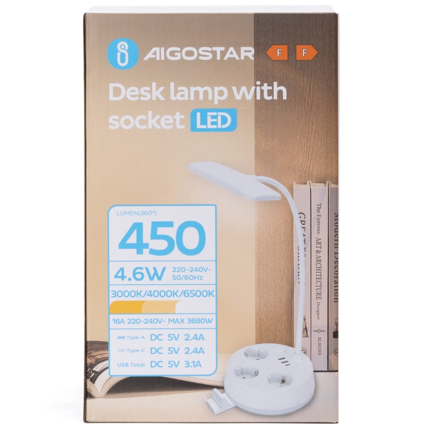 Aigostar - Lampada da tavolo LED bianca dimmerabile con prese e USB LED/4,6 W/230 V 3000/4000/6500 K