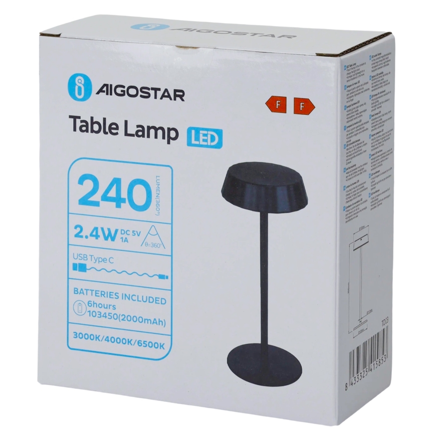 Aigostar - Lampada da tavolo dimmerabile LED AMBIENT LED/2,4W/5V 3000-6500K nera 2000 mAh