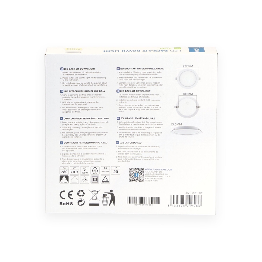 Aigostar - Lampada LED da incasso LED/18W/230V 4000K diametro 22 cm bianco