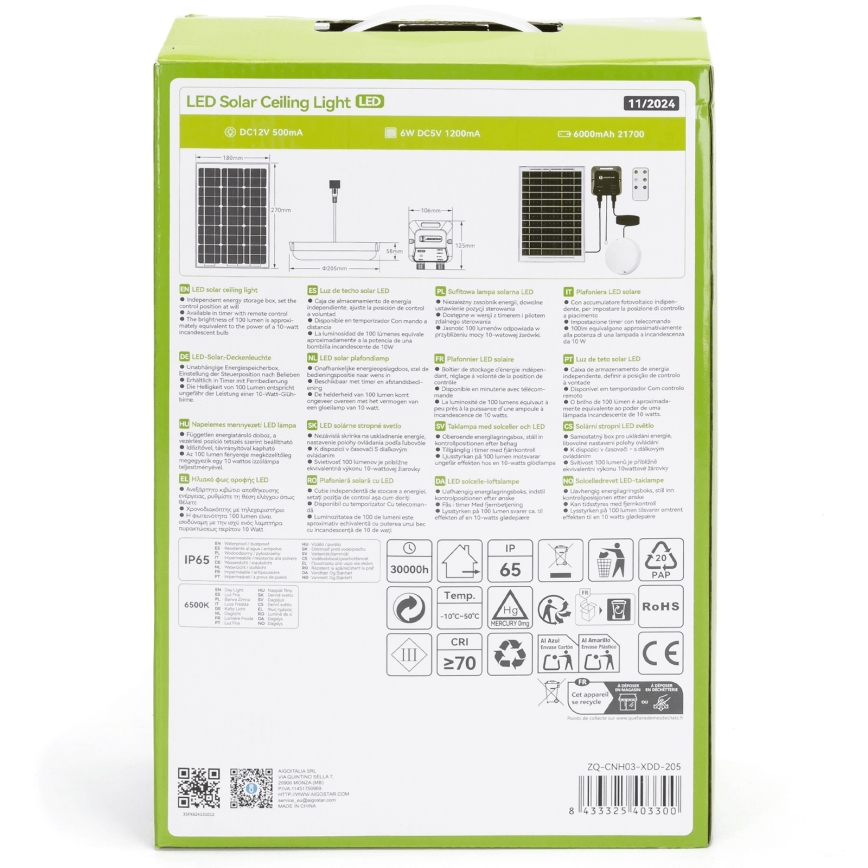 Aigostar - Lampada LED solare LED/70W/12V 6000 mAh 6500K diametro 20,5 cm + telecomando