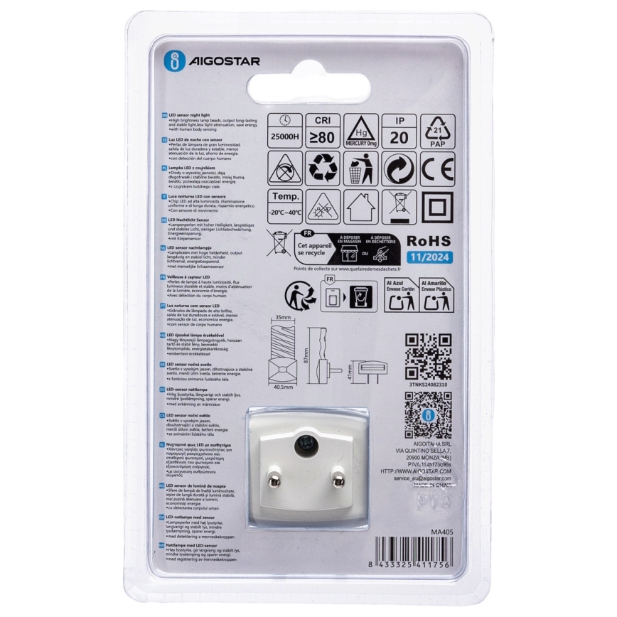 Aigostar - LED Luce notturna con sensore crepuscolare LED/0,2W/230V 6500K