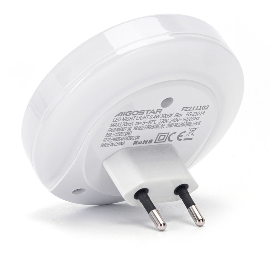 Aigostar - Lampada notturna LED a spina con sensore crepuscolare e porta USB, 0,4W/230V
