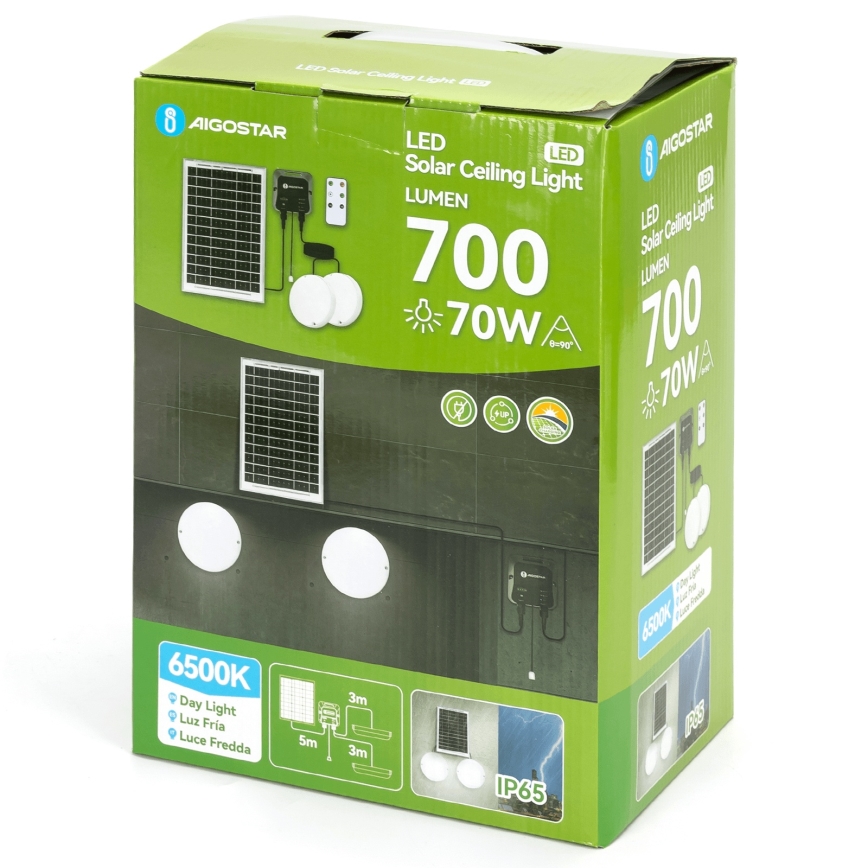 Aigostar - Lampada solare a LED 2xLED, 35W, 12V, batteria 6000 mAh, 6500 K, IP65, Ø 16,8 cm + telecomando
