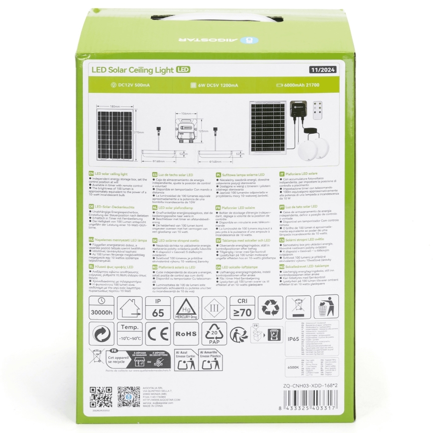 Aigostar - Lampada solare a LED 2xLED, 35W, 12V, batteria 6000 mAh, 6500 K, IP65, Ø 16,8 cm + telecomando