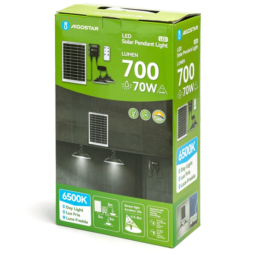 Aigostar - Lampada solare LED con sensore 2xLED/35W/12V 6000 mAh 6500K IP65 Ø 15 cm + telecomando