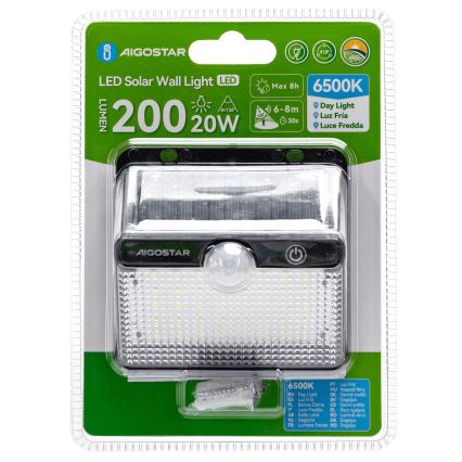 Aigostar - Lampada solare a LED con sensore 3,7 V 6500 K 1200 mAh IP65 nera