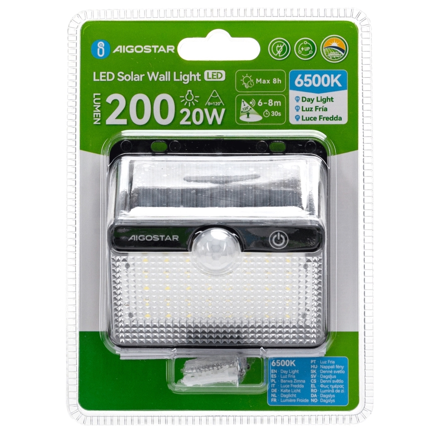 Aigostar - Lampada solare a LED con sensore 3,7 V 6500 K 1200 mAh IP65 nera