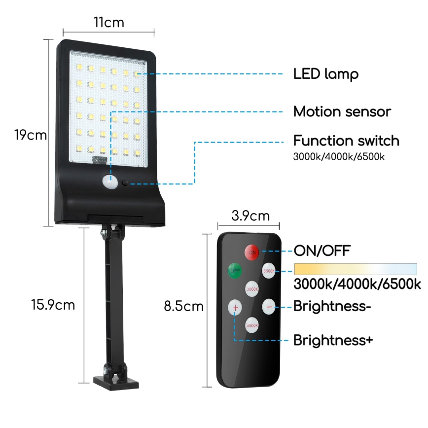 Aigostar - Lampada solare a LED dimmerabile con sensore LED/2,3W/5,5V IP65 + telecomando