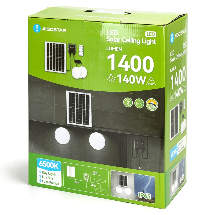 Aigostar - Lampada solare LED 2xLED/70W/12V 12000 mAh 6500K IP65 Ø 20,5 cm + telecomando
