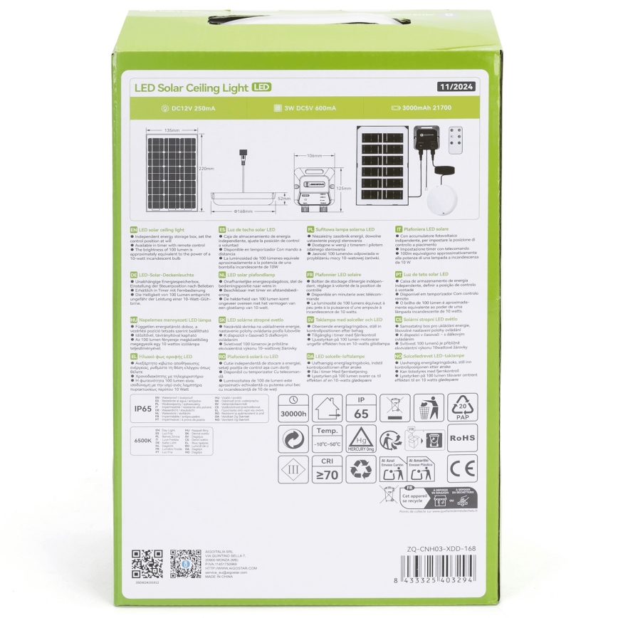 Aigostar - Lampada solare a LED/35W/12V 3000 mAh 6500K IP65 diam. 16,8 cm + telecomando