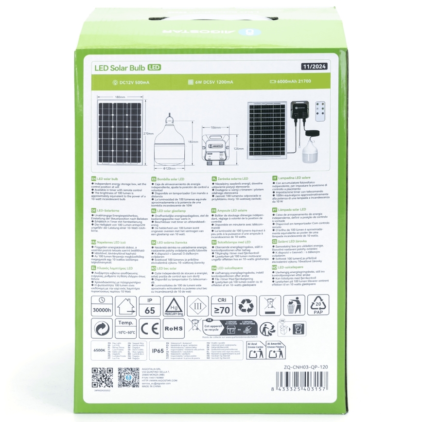 Aigostar - Lampada solare a LED/70W/12V 6000 mAh 6500K IP65 Ø 12 cm + telecomando