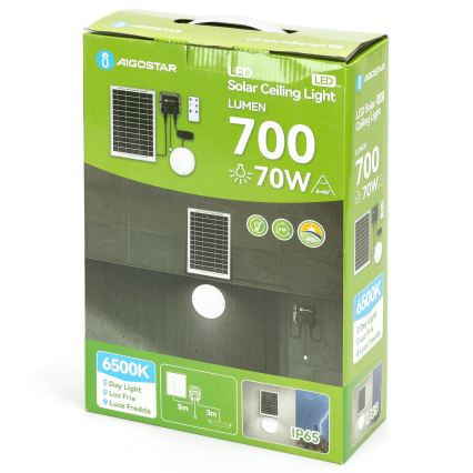 Aigostar - Proiettore solare LED 70W/12V, batteria 6000 mAh, 6500K, IP65, Ø 20,5 cm, con telecomando