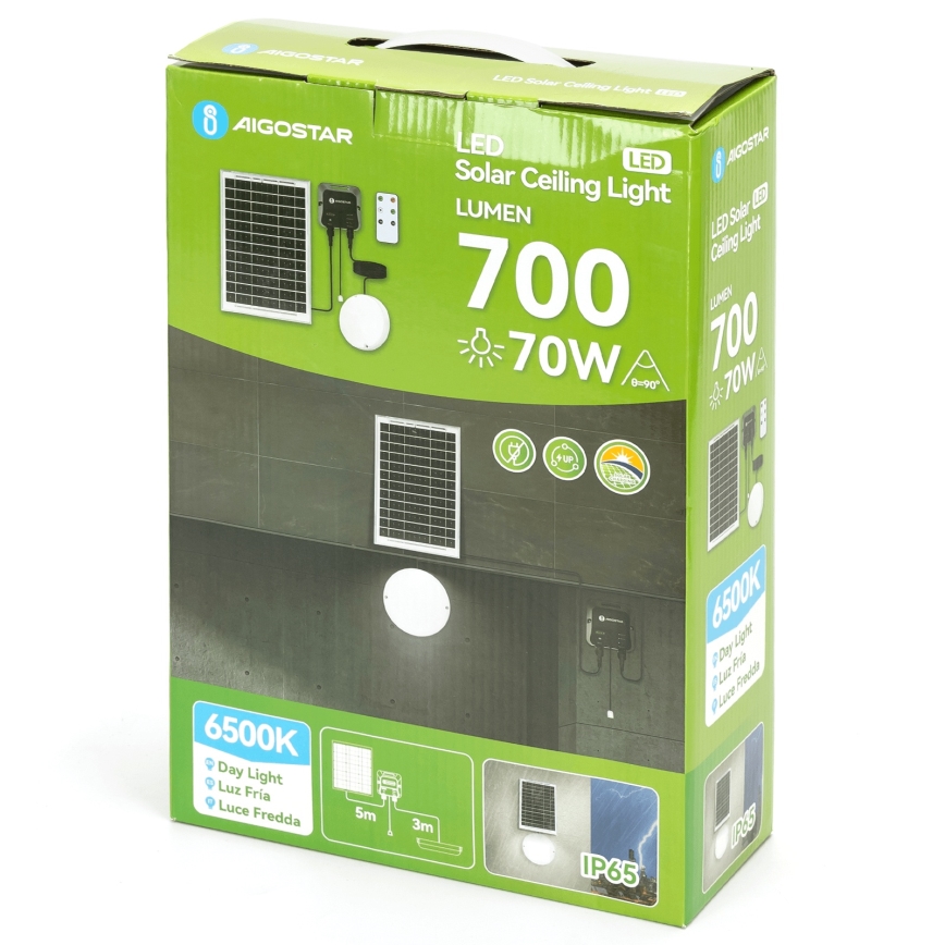 Aigostar - Proiettore solare LED 70W/12V, batteria 6000 mAh, 6500K, IP65, Ø 20,5 cm, con telecomando