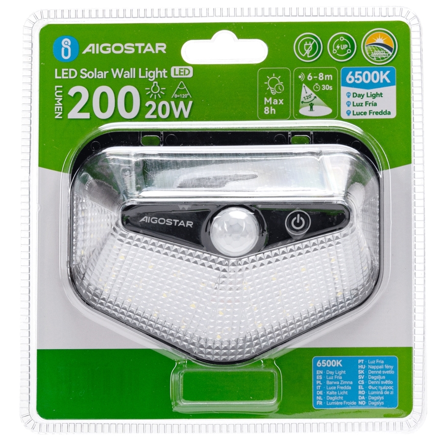Aigostar - Lampada solare LED con sensore LED/3,7V 6500K 500 mAh IP65 nera