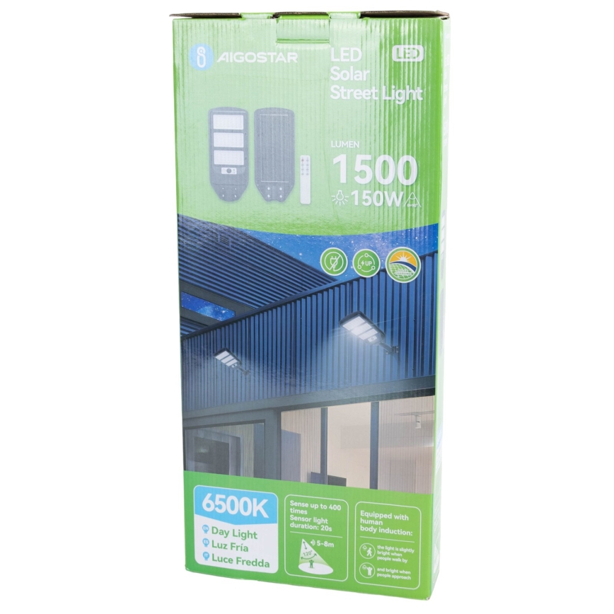 Aigostar - Lampada stradale solare LED con sensore LED/150W/3,2V 8000mAh IP65 6500K + telecomando