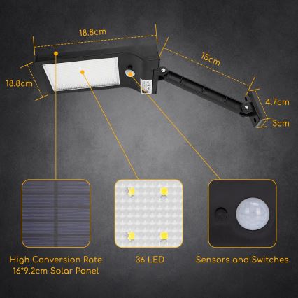 Aigostar - Lampada stradale solare LED con sensore LED/2,3W/5,5V 1800 mAh IP65