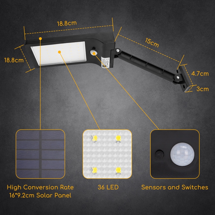 Aigostar - Lampada stradale solare LED con sensore LED/2,3W/5,5V 1800 mAh IP65