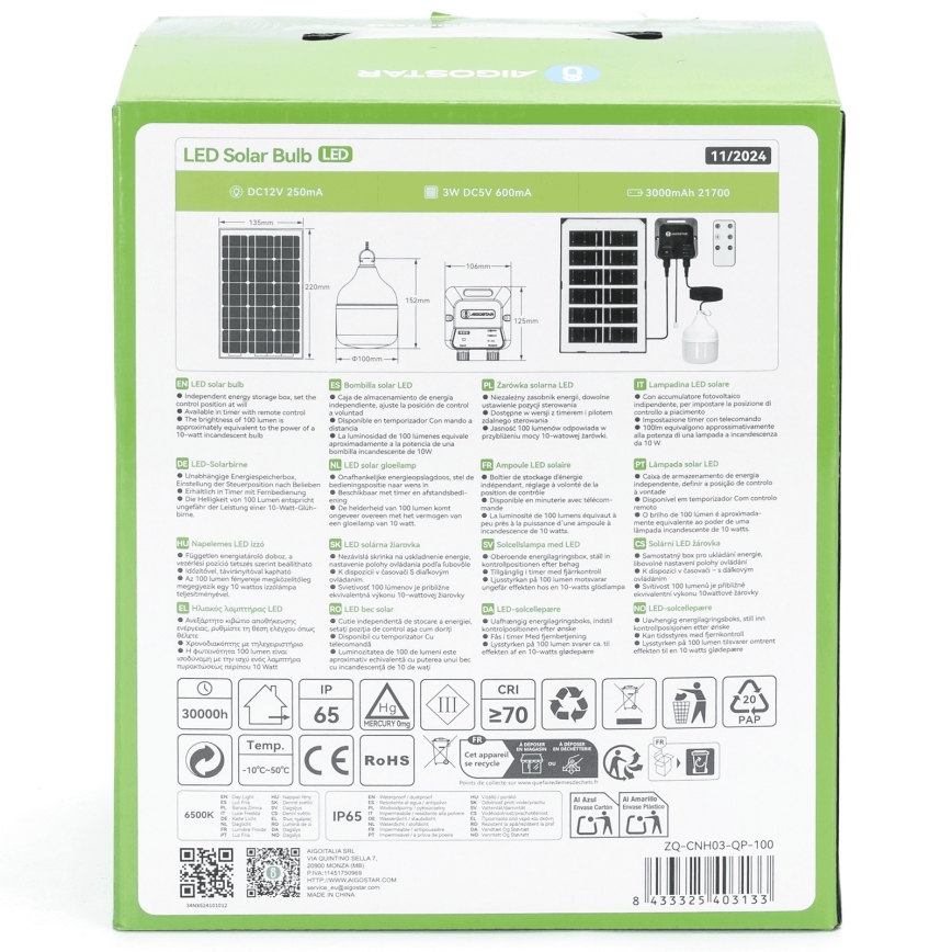 Aigostar - Lampada solare a LED/35W/12V 3000 mAh 6500K IP65 Ø 10 cm + telecomando