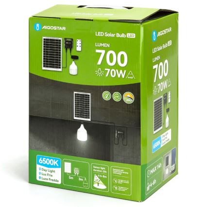 Aigostar - Lampada solare a LED con sensore, 70W/12V, batteria 6000 mAh, 6500K, IP65, Ø 12 cm + telecomando