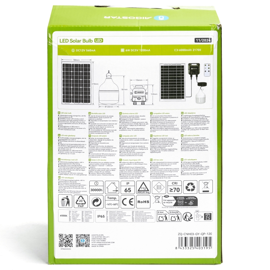 Aigostar - Lampada solare a LED con sensore, 70W/12V, batteria 6000 mAh, 6500K, IP65, Ø 12 cm + telecomando