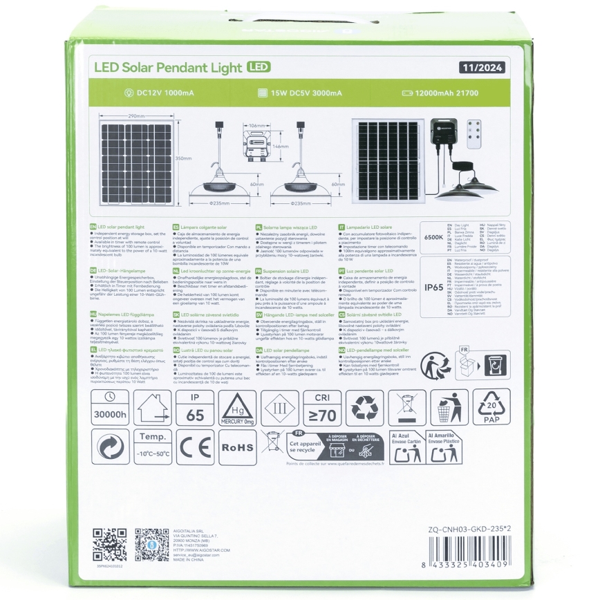 Aigostar - Lampada solare a LED 2xLED/70W/12V 12000 mAh 6500K IP65 diam. 23,5 cm + telecomando