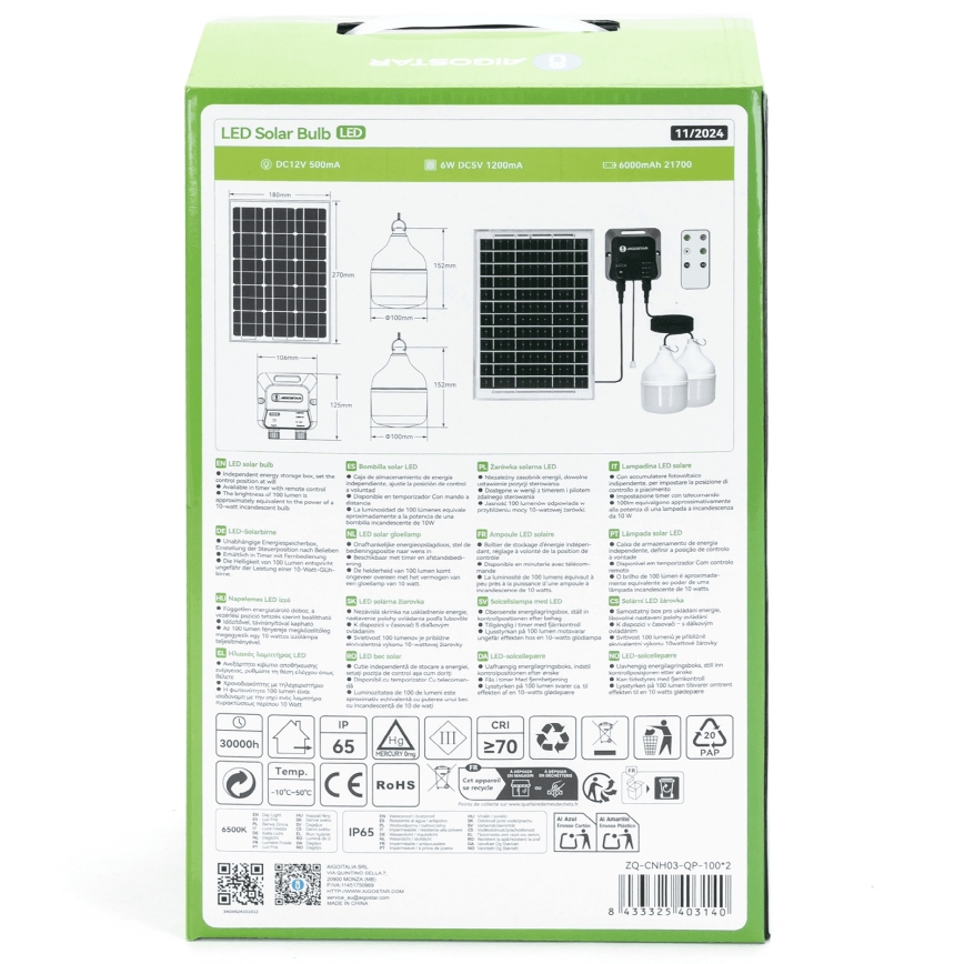 Aigostar - Lampadario solare LED 2x LED/35W/12V 6000 mAh 6500K IP65 Ø 10 cm + telecomando