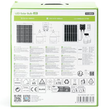 Aigostar - Lampadario solare LED 2xLED/70W/12V 12000 mAh 6500K diametro 12 cm + telecomando