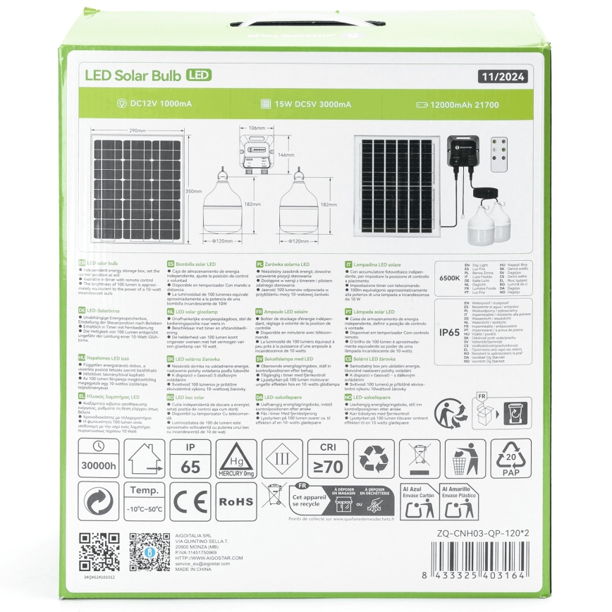 Aigostar - Lampadario solare LED 2xLED/70W/12V 12000 mAh 6500K diametro 12 cm + telecomando