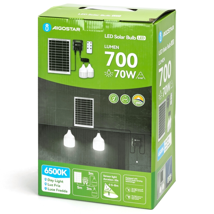 Aigostar - Lampada solare a LED con sensore, 2x LED/35W/12V, batteria 6000 mAh, 6500K, IP65, Ø 10 cm + telecomando