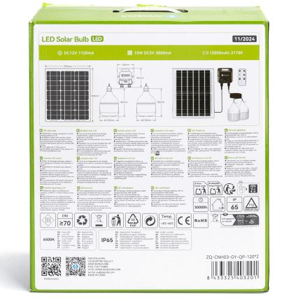 Aigostar - Lampadario solare LED con sensore 2xLED/70W/12V 12000 mAh 6500K diametro 12 cm + telecomando