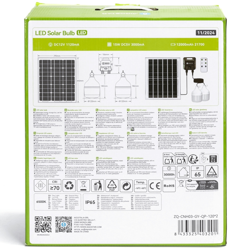 Aigostar - Lampadario solare LED con sensore 2xLED/70W/12V 12000 mAh 6500K diametro 12 cm + telecomando