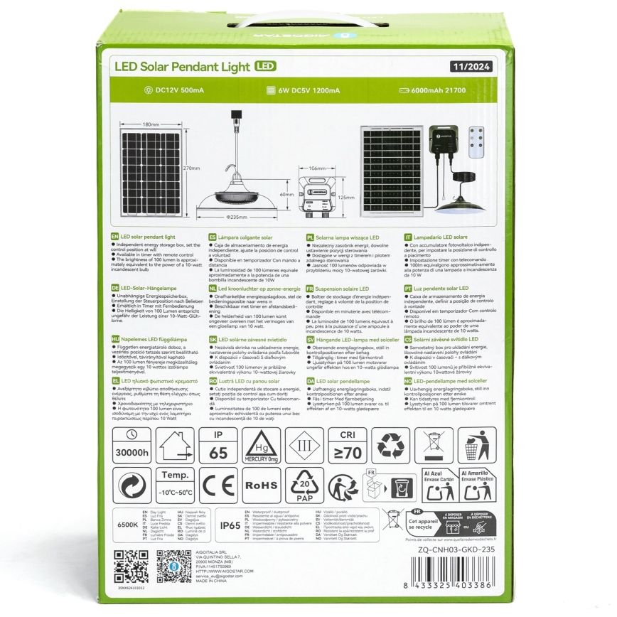Aigostar - Lampadario solare LED LED/70W/12V 6000 mAh 6500K diametro 23,5 cm + telecomando